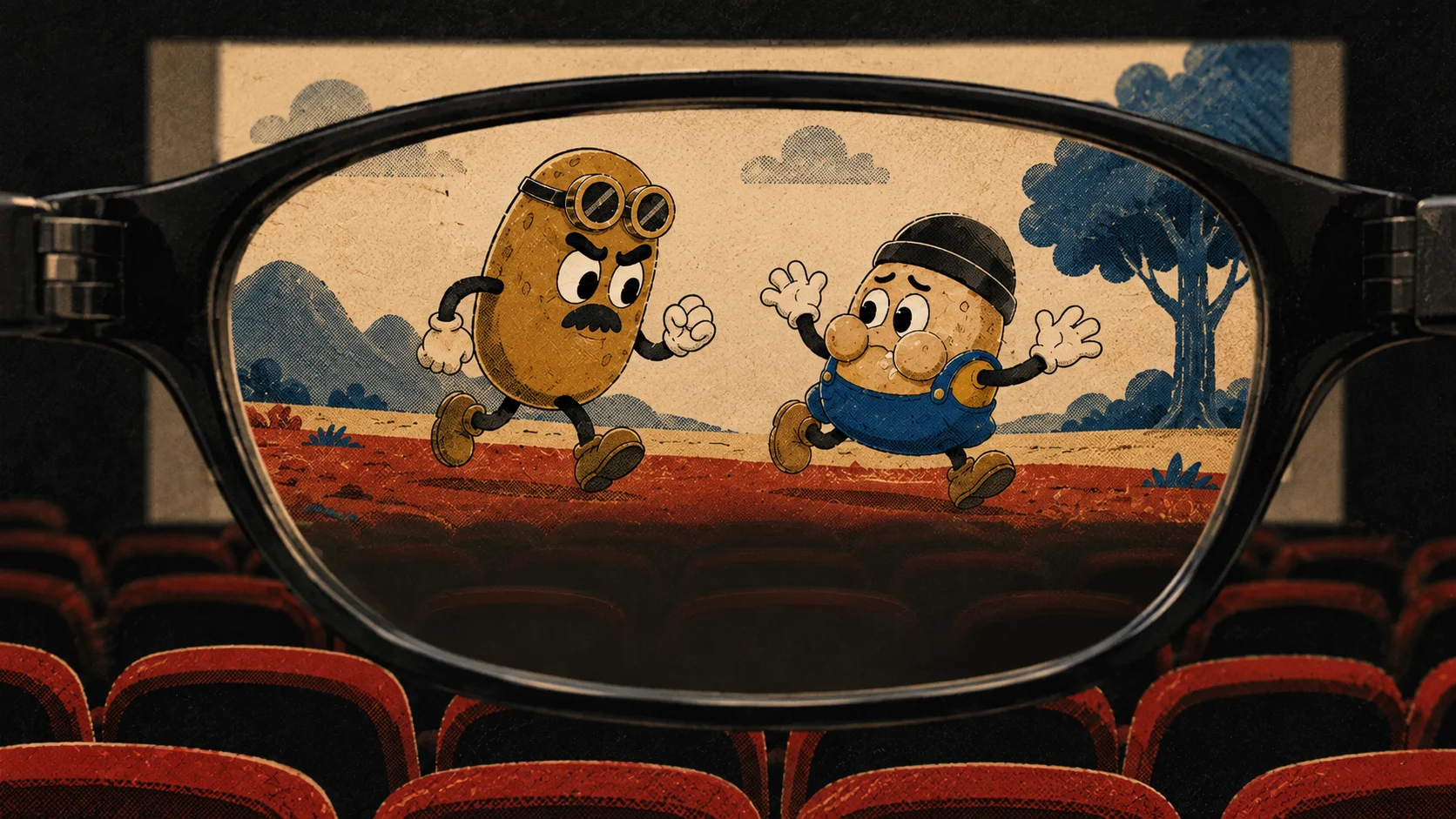A Risograph potato film on a cinema screen, clear through black glasses, with red theater seats around it.